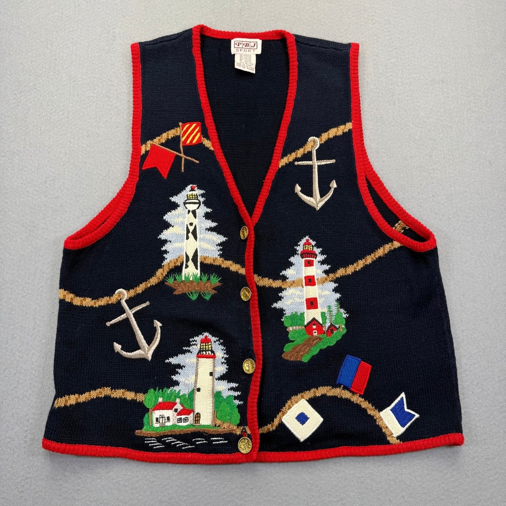PBJ Sport Vintage Nautical Lighthouse Knit Vest Navy Blue Red XL XL/TG 10256